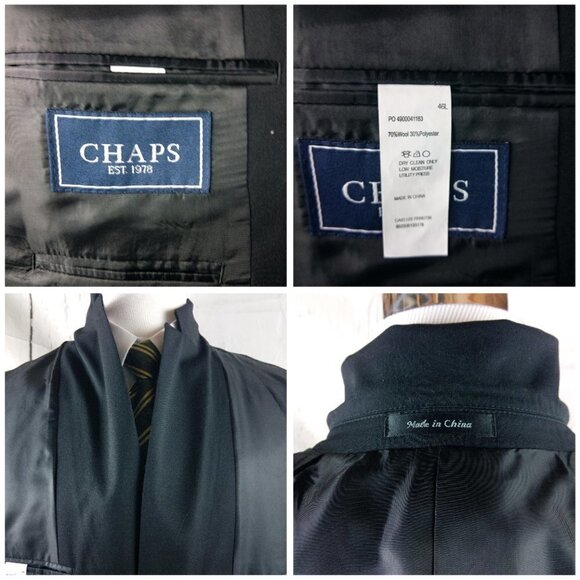 Chaps 46L Wool Blend 2 Metal Button Black Suit Blazer Sport Coat - Picture 8 of 10